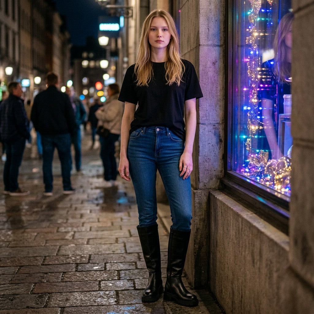 So and Ro - shoes and more - Tina zwarte lederlook laarzen met metalen rits gedragen door model in de stad