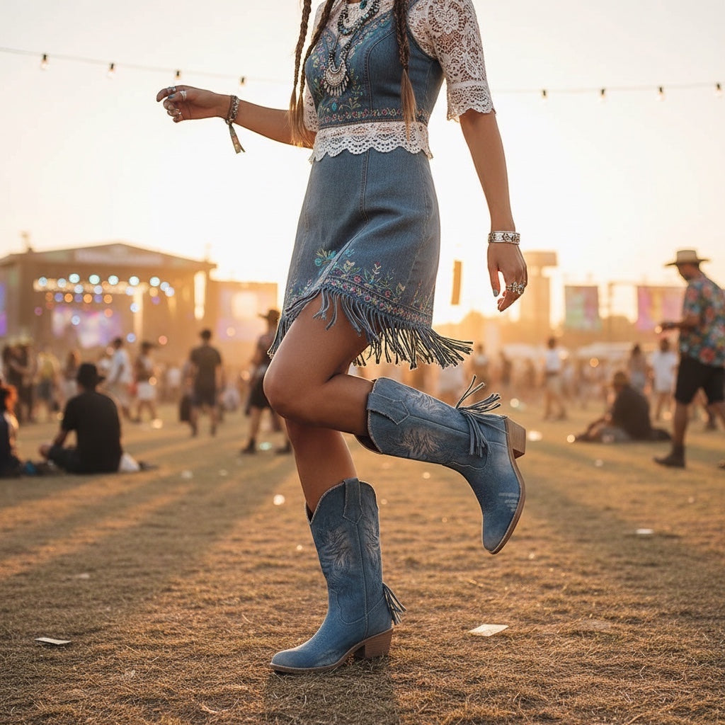 So and Ro - shoes and more - Blauwe denim western laarzen met lage hak en geborduurde details. Perfect voor festivals.