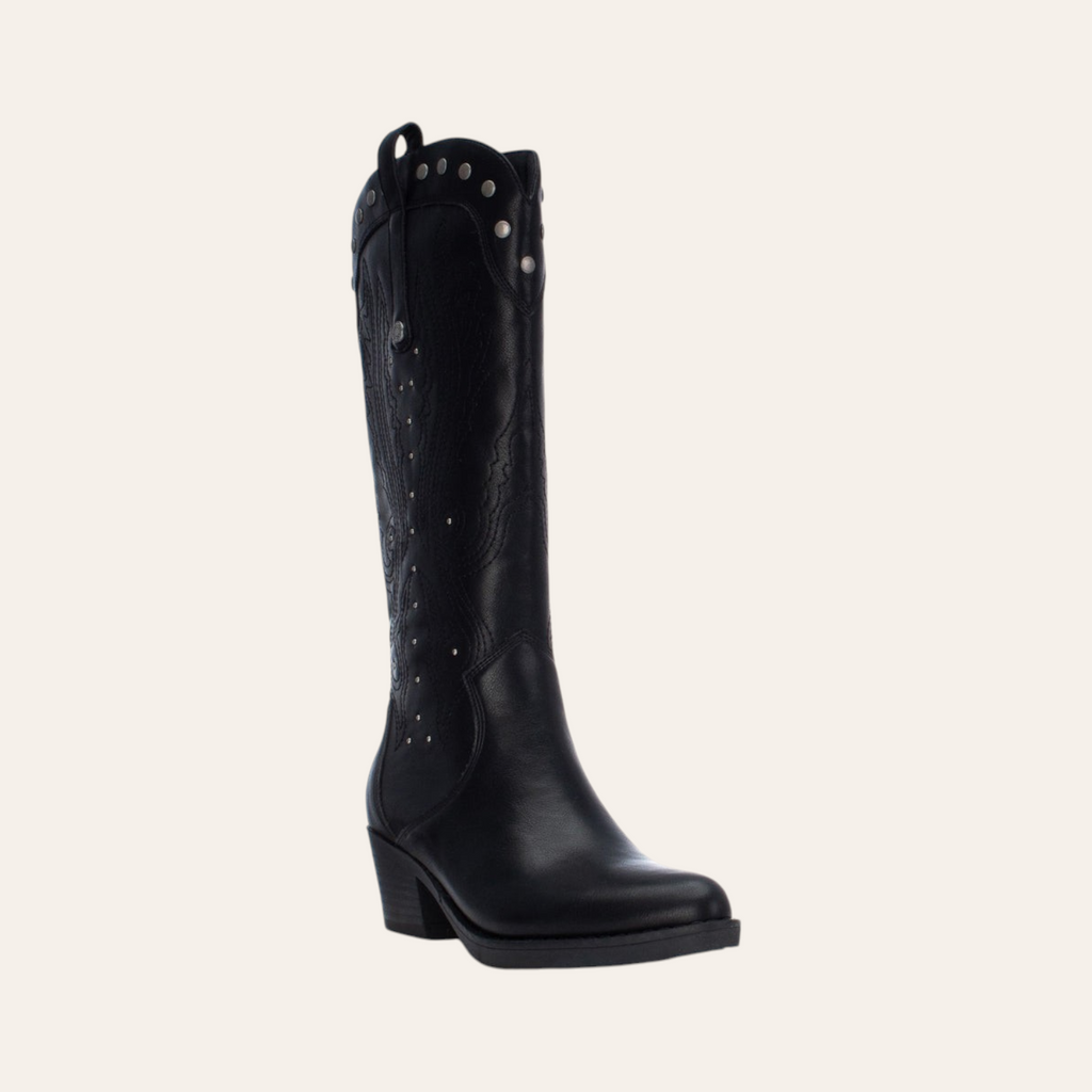 So and Ro - shoes and more - Winnie black faux leather western boots with silver stud details and embroidery