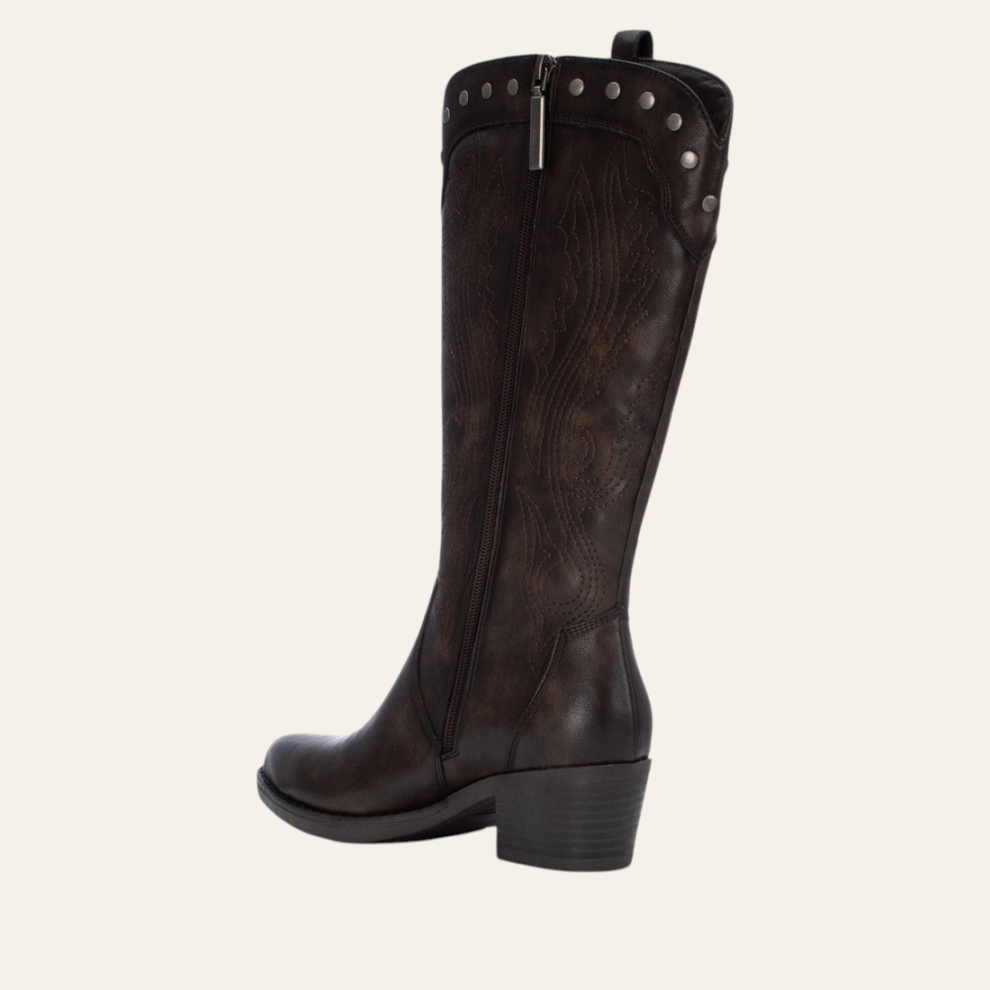 So and Ro - shoes and more - Winnie dark brown faux leather knee-high boots with western stitching and stud details