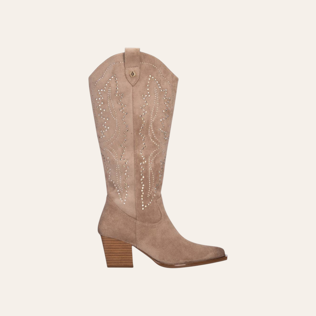 So and Ro - shoes and more - Wiona beige western laars met strassteentjes en blokhak