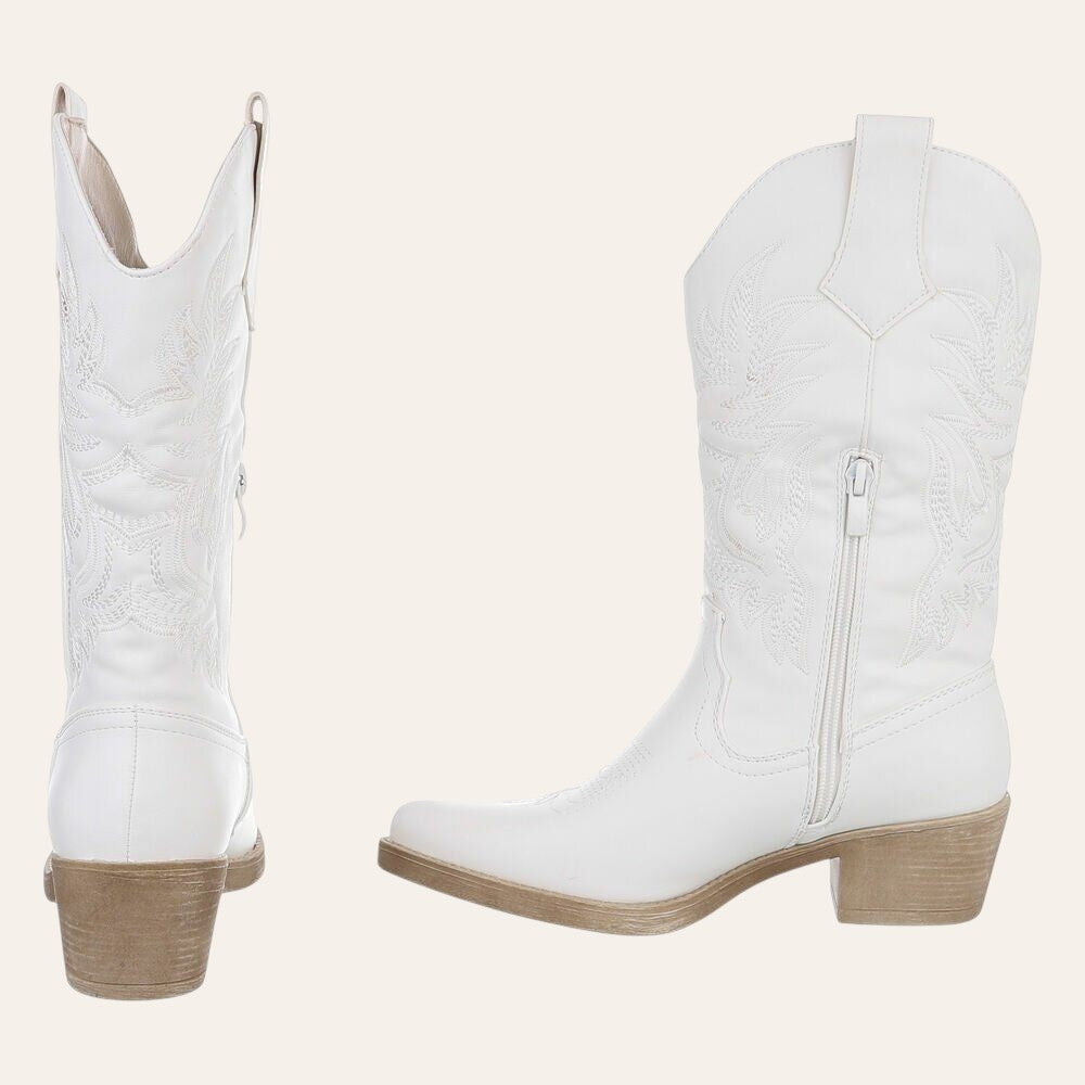 So and Ro - shoes and more - Carla witte cowboylaarzen van lederlook met geborduurde western details en blokhak