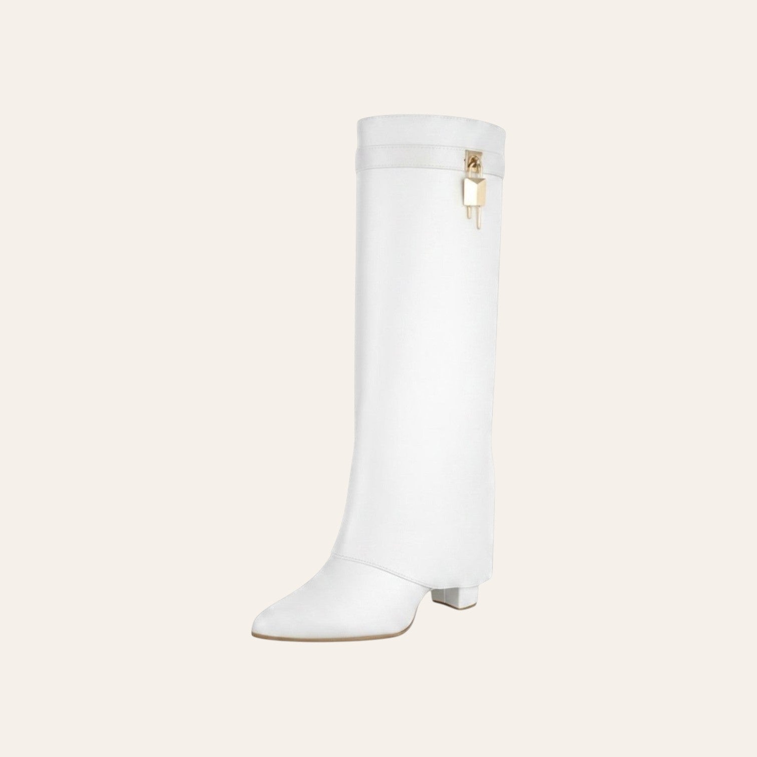 So and Ro - shoes and more - witte Aya1 kniehoge laarzen met omslag, blokhak en stijlvolle gouden gesp