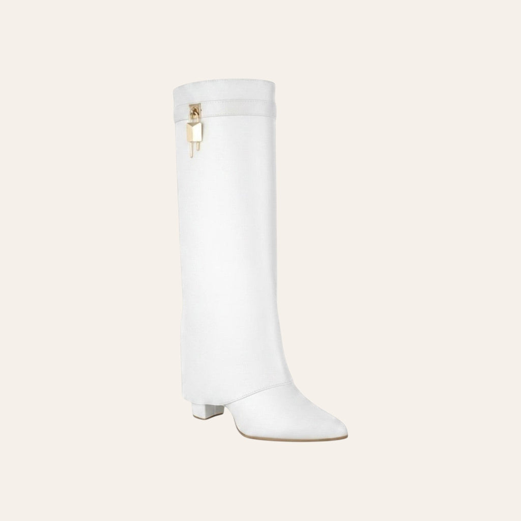 So and Ro - shoes and more - Aya1 witte kniehoge laarzen met omslag en gouden gesp detail