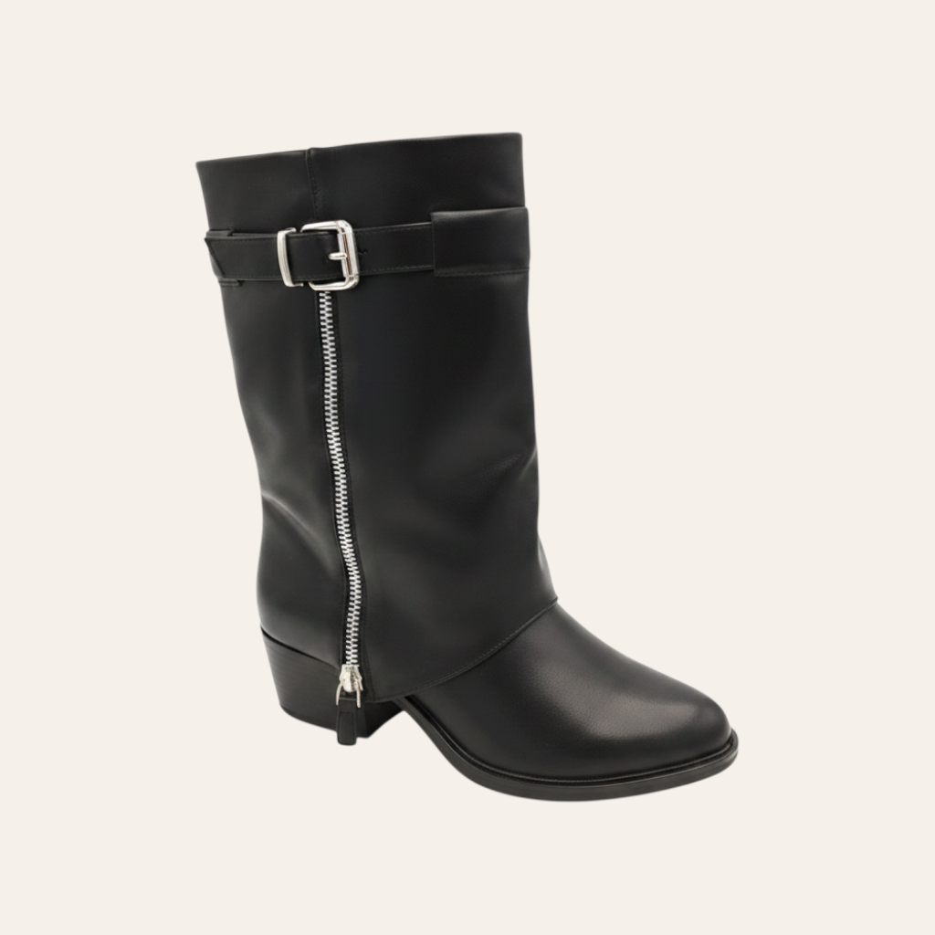 So and Ro - shoes and more - Zelma black faux leather western-style ankle boot with silver zipper and buckle detail