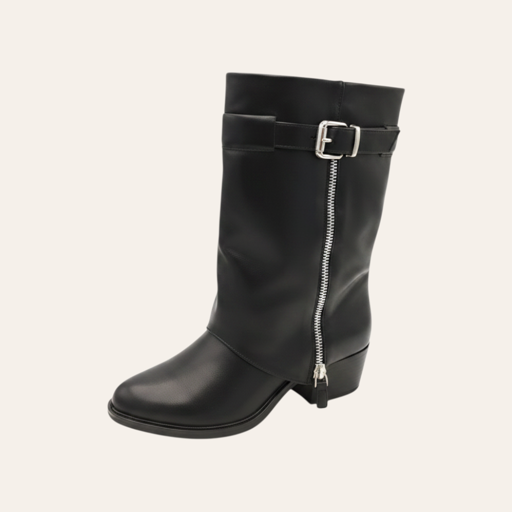 So and Ro - shoes and more - Zelma black faux leather western-style ankle boot with side zipper and buckle detail