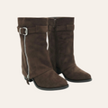 So and Ro - shoes and more - Zelma dark brown microsuede western style ankle boots with side zipper and buckle detail