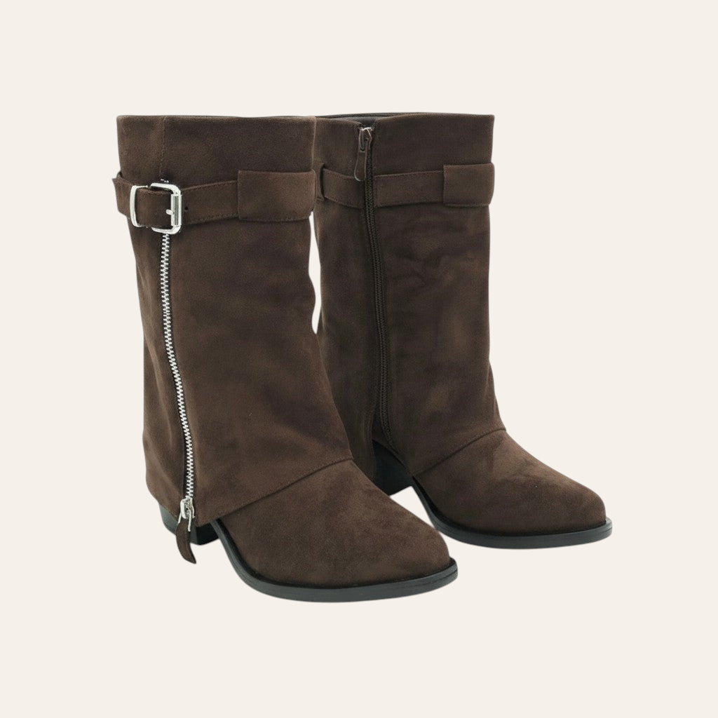 So and Ro - shoes and more - Zelma dark brown microsuede western style ankle boots with side zipper and buckle detail