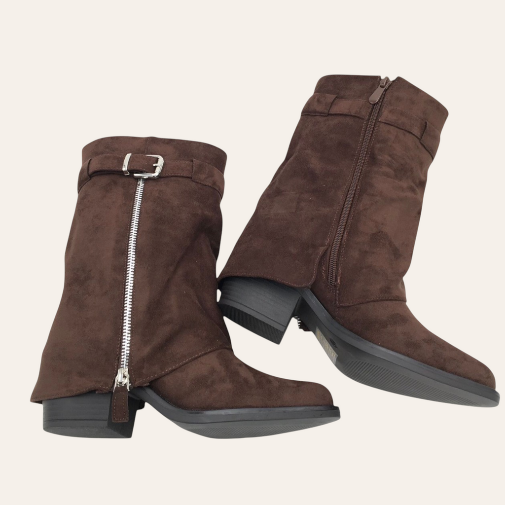 So and Ro - shoes and more - Zelma dark brown microsuede western ankle boots with side zipper and buckle detail