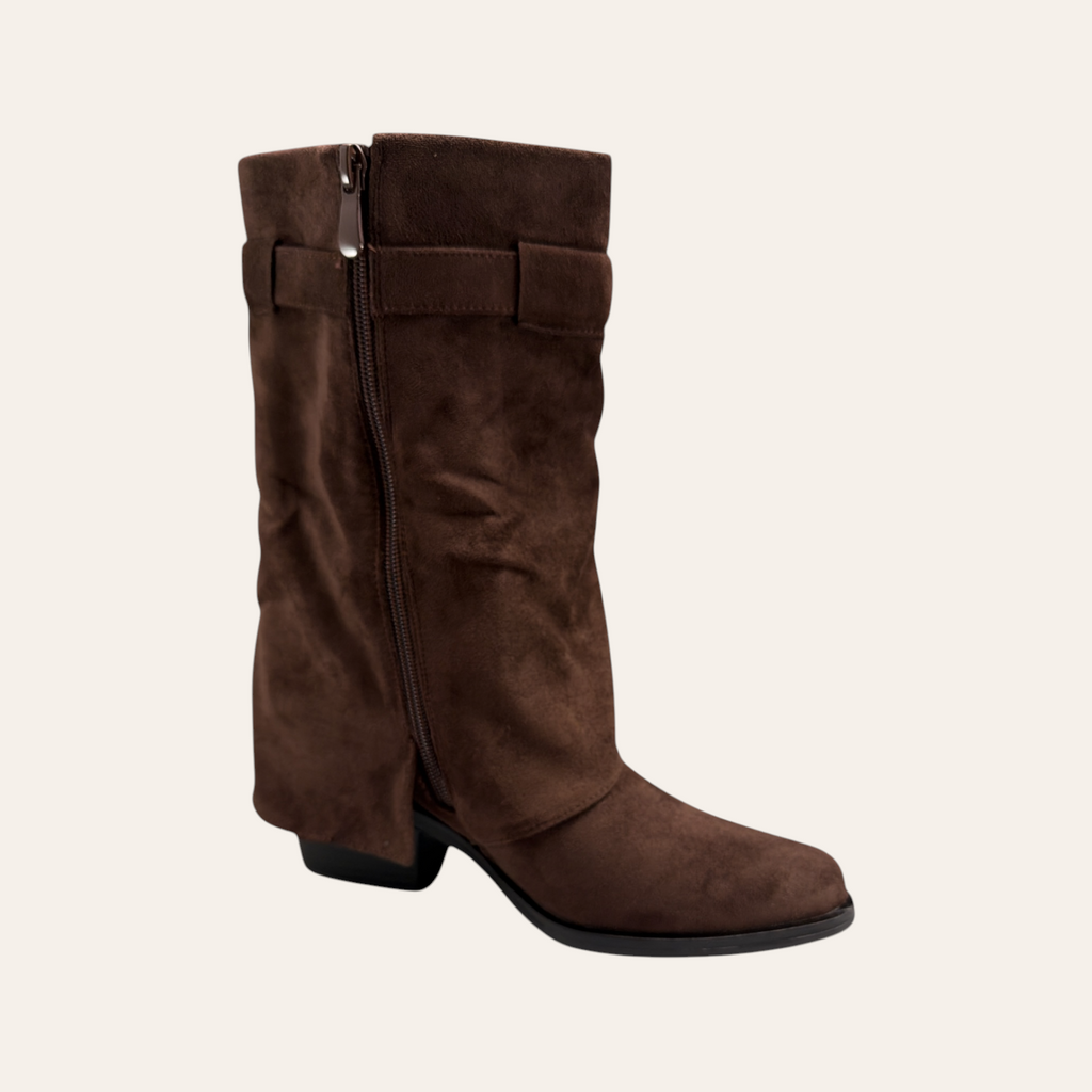 So and Ro - shoes and more - Zelma dark brown microsuede western-style ankle boot with side zipper and buckle detail
