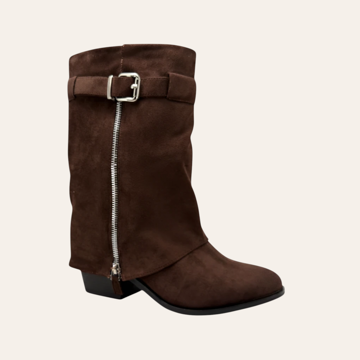 So and Ro - shoes and more - Zelma dark brown microsuede western ankle boot with side zipper and buckle detail