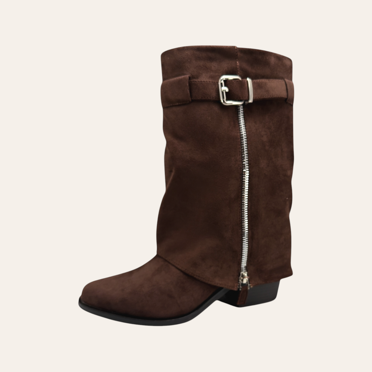 So and Ro - shoes and more - Zelma dark brown microsuede western-style ankle boot with buckle and side zipper detail