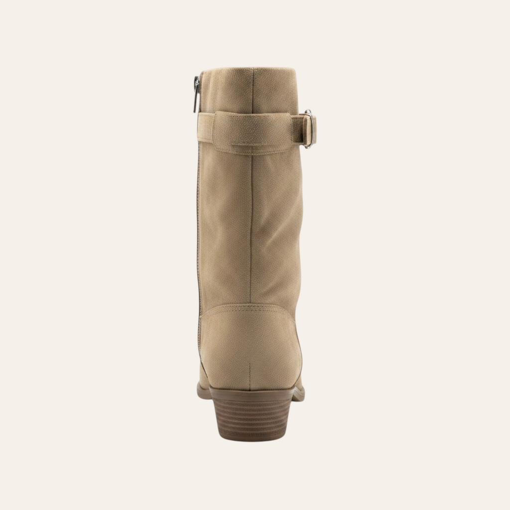 So and Ro - shoes and more - Zelma taupe microsuede western ankle boot with buckle and side zipper, back view