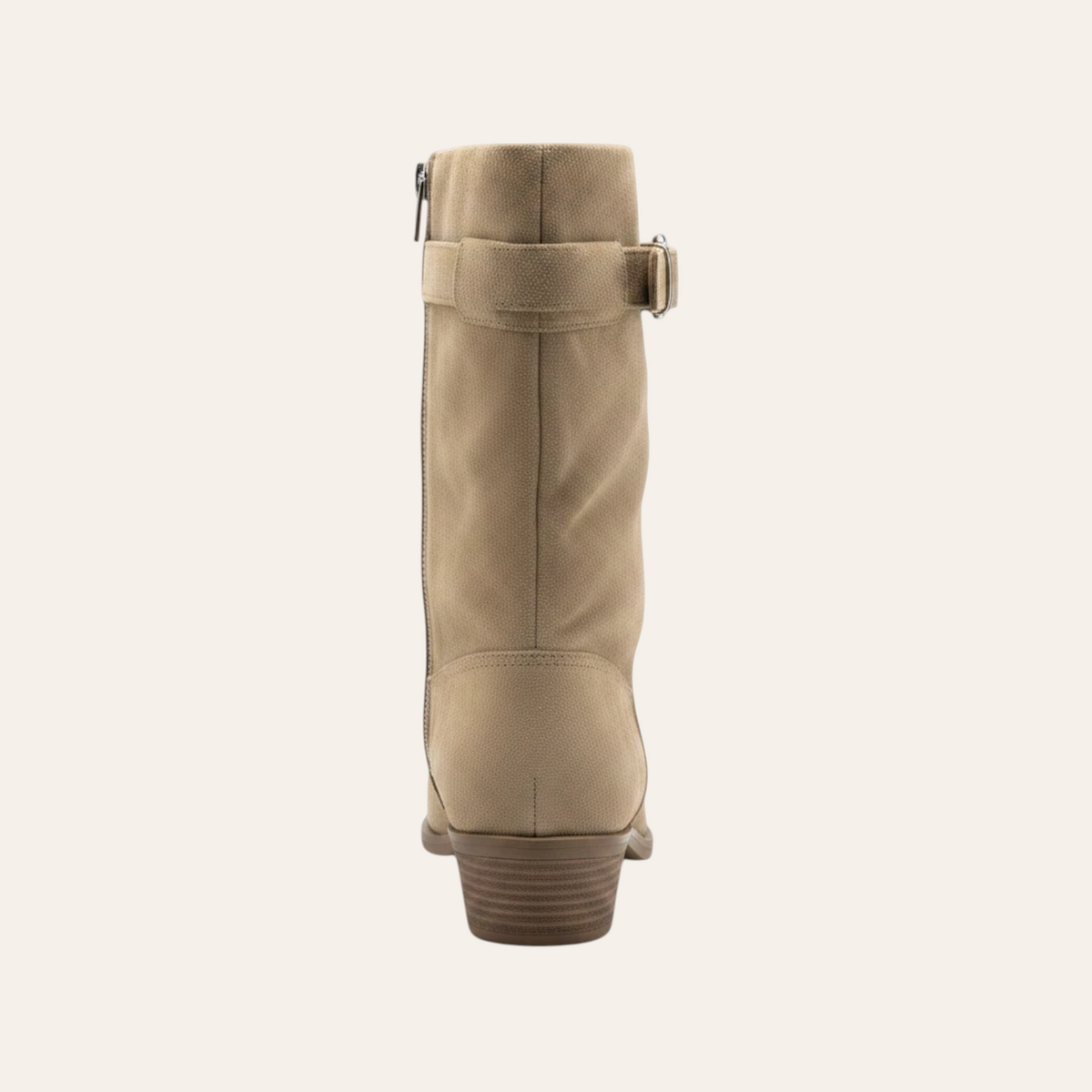 So and Ro - shoes and more - Zelma taupe microsuede western ankle boot with buckle and side zipper, back view