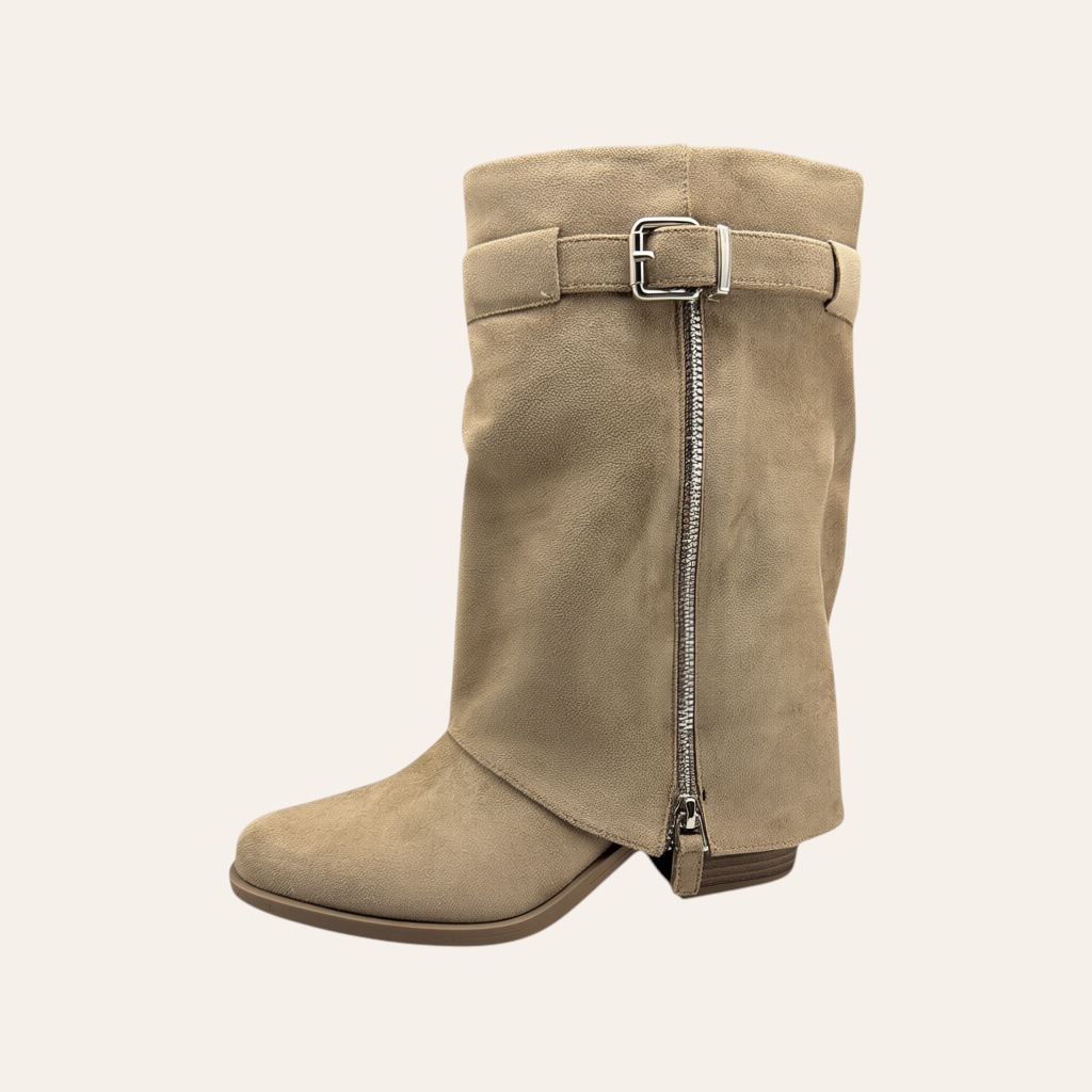 So and Ro - shoes and more - Zelma taupe microsuede western-style ankle boot with side zipper and buckle detail