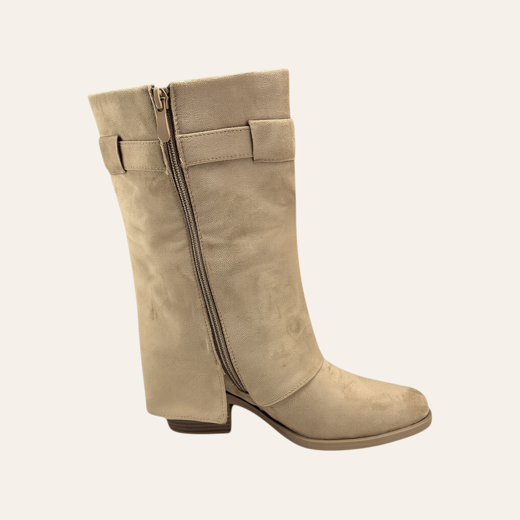 So and Ro - shoes and more - Zelma taupe microsuede western-style mid-calf boot with side zipper and buckle detail