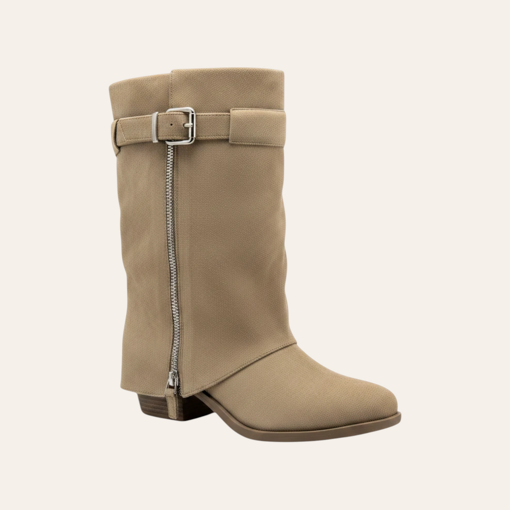 So and Ro - shoes and more - Zelma taupe microsuede western-style ankle boot with side zipper and buckle detail