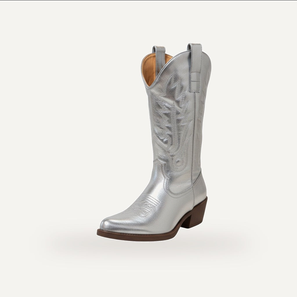 Zilver metallic western festival laarzen dames met lage hak, zomerse cowboy boots