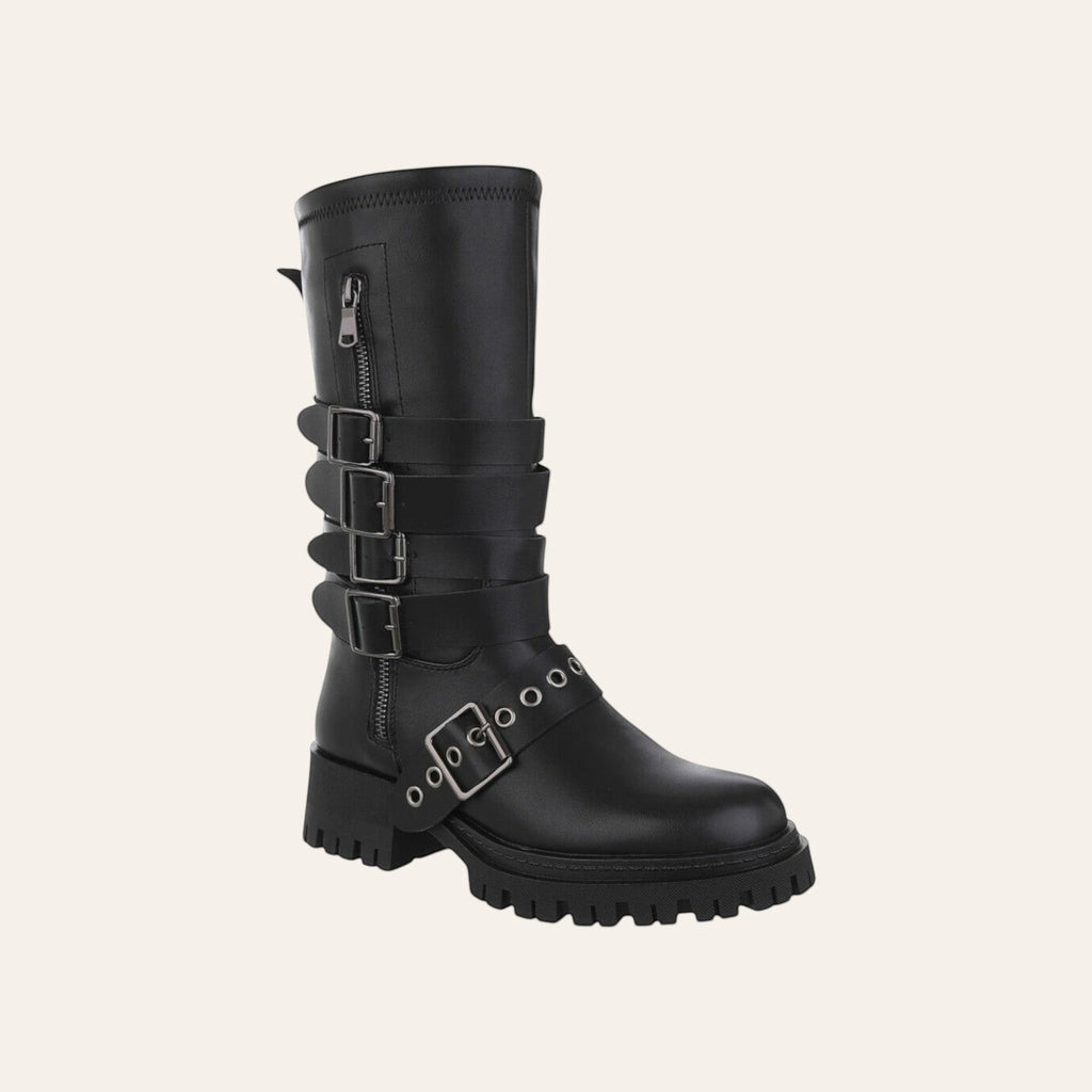 So and Ro - shoes and more - Awake zwarte kniehoge biker boot met metalen gespen, ritsen en chunky lug-zool.
