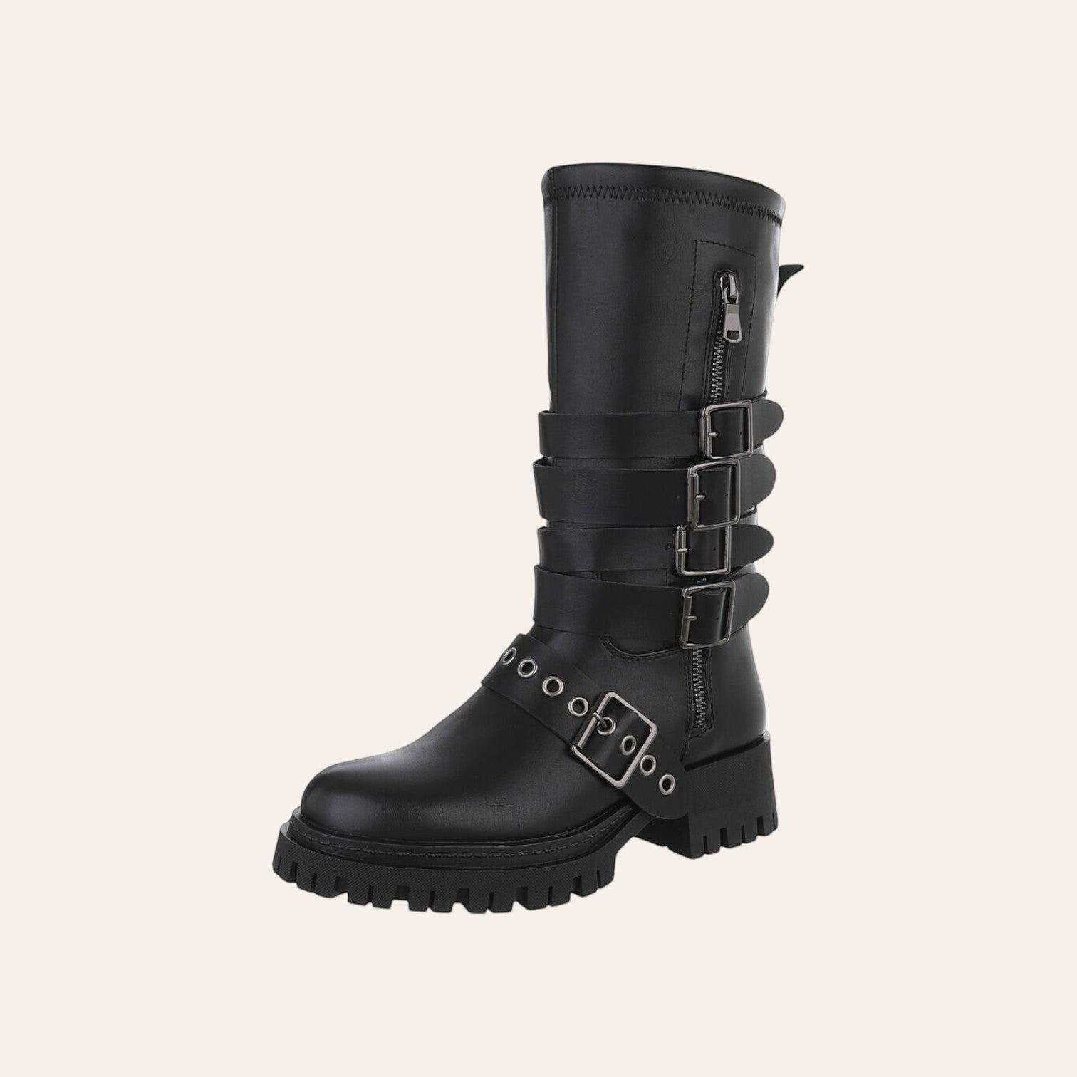 So and Ro - shoes and more - Awake zwarte vegan lederlook biker boot met metalen gespen en chunky lug-zool