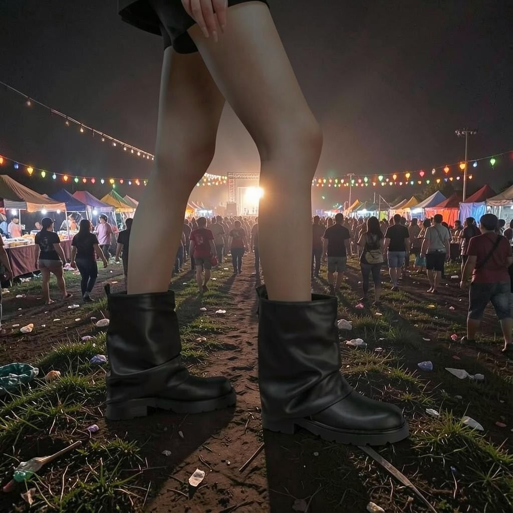 So and Ro - shoes and more - Catarina zwarte biker boots met chunky zool gedragen op een festivalterrein.
