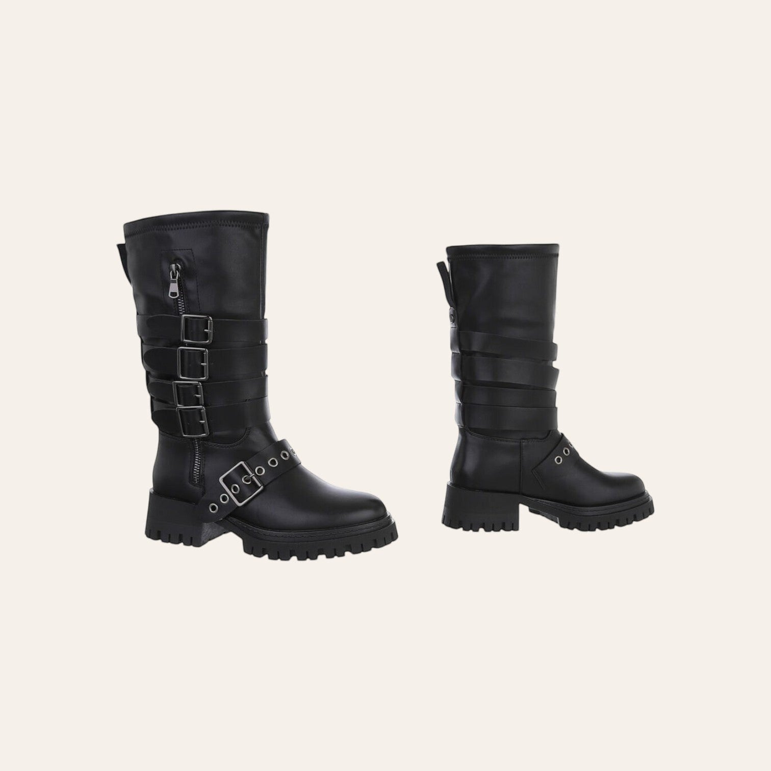 So and Ro - shoes and more - Awake zwarte kniehoge biker boots met gespen, ritsen en chunky zool in vegan lederlook.