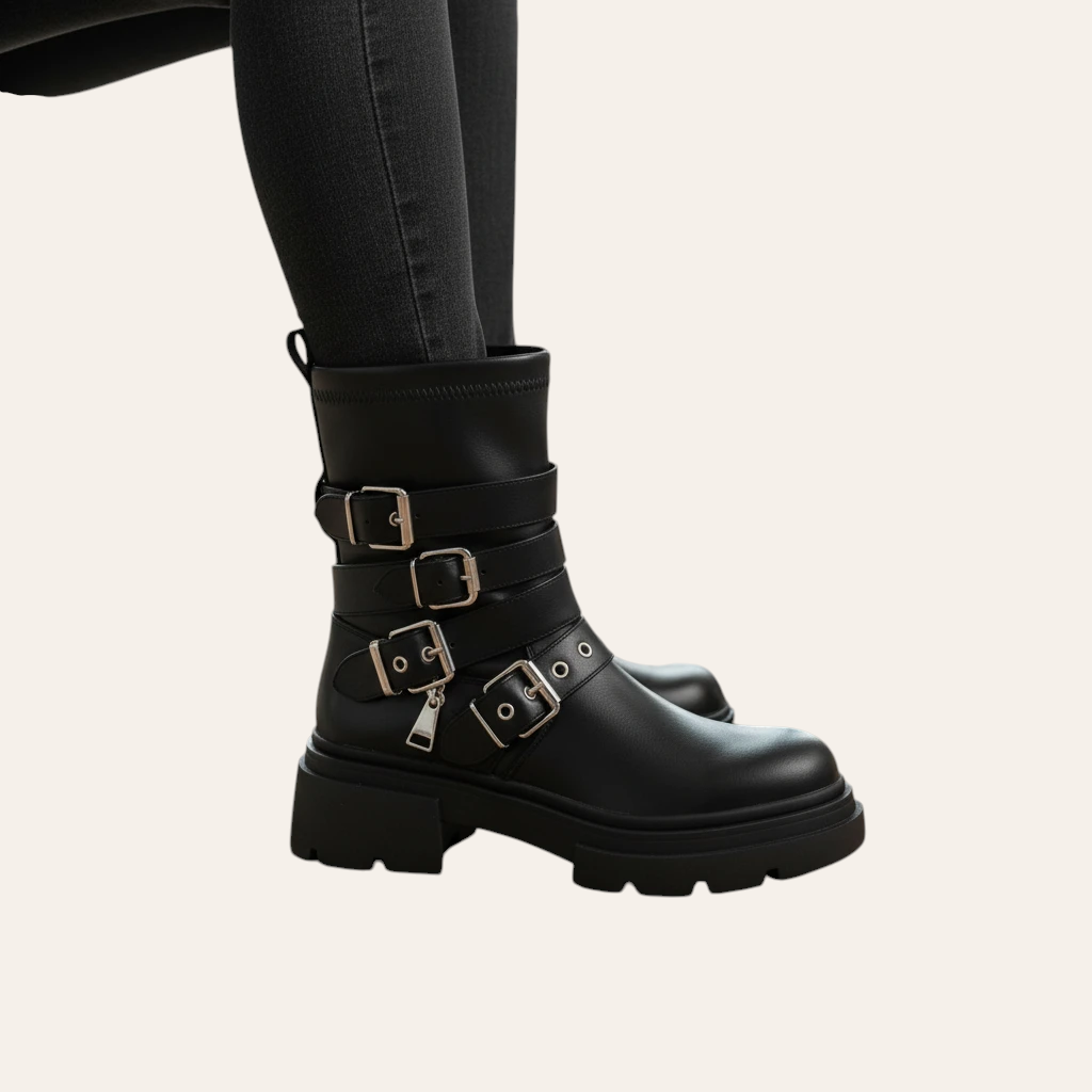 So and Ro - shoes and more - Christine zwarte biker enkellaarsjes van lederlook met zilveren gespen en profielzool