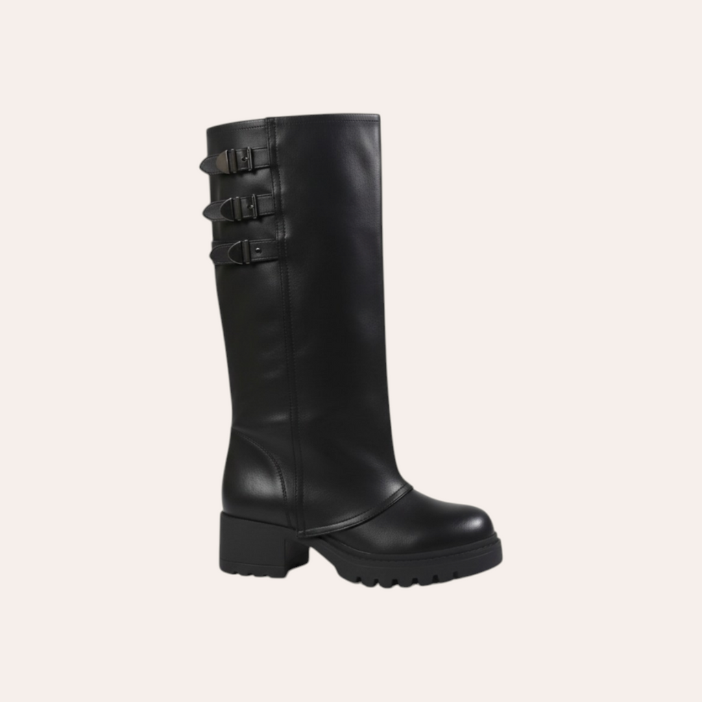 So and Ro - shoes and more - Josephine hoge zwarte bikerlaars in lederlook met gespen en grove profielzool