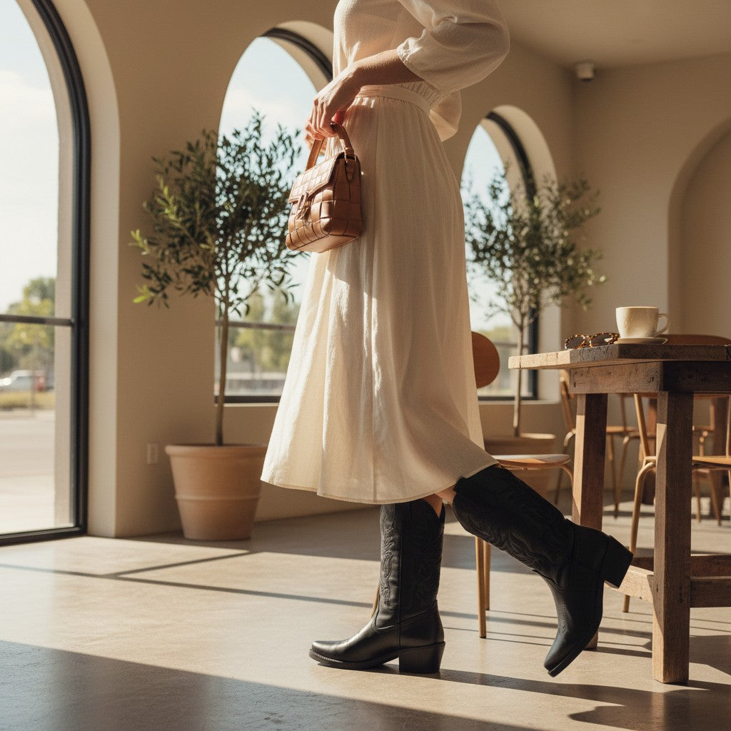 So and Ro - shoes and more - Carla zwarte cowboylaarzen met borduurwerk en blokhak gedragen onder een witte jurk
