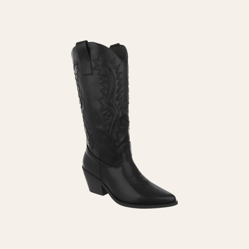 So and Ro - shoes and more - Christine zwarte kniehoge cowboylaarzen met borduursels en blokhak in lederlook