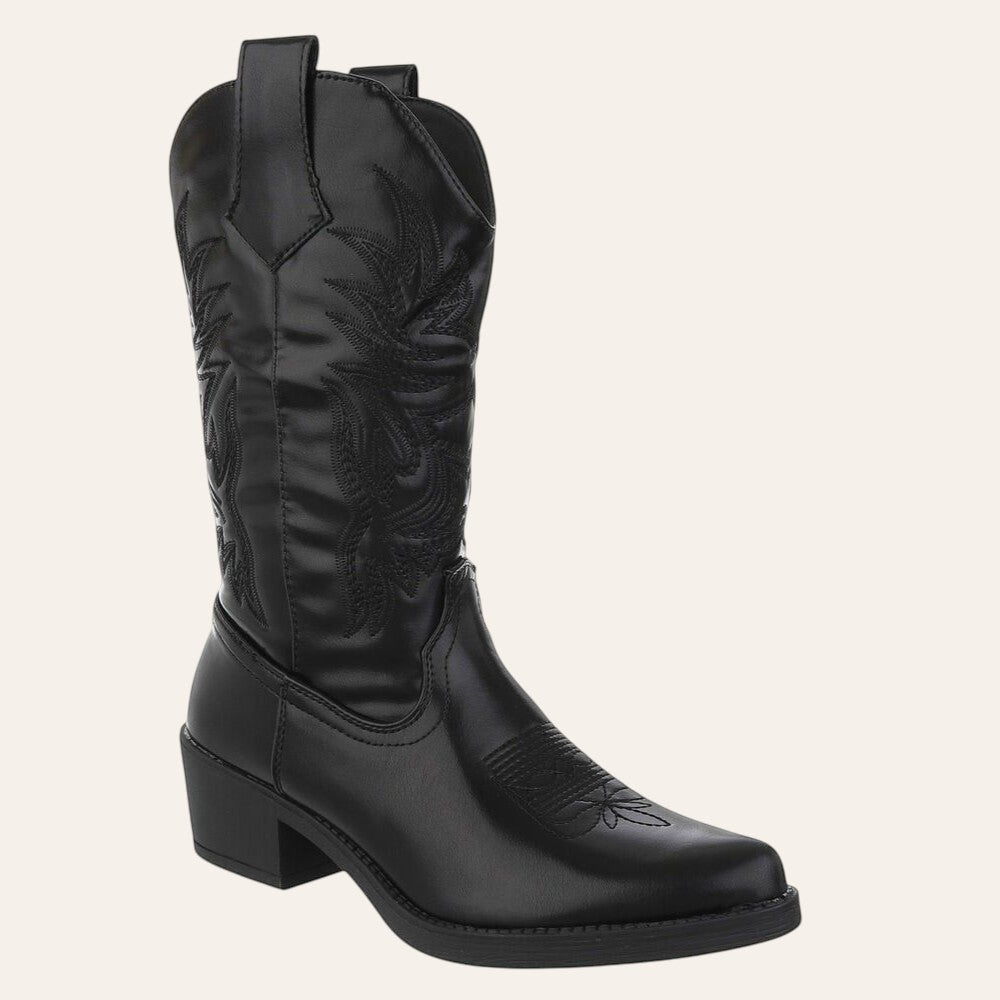 So and Ro - shoes and more - Carla zwarte cowboylaarzen met lederlook, borduurwerk en blokhak