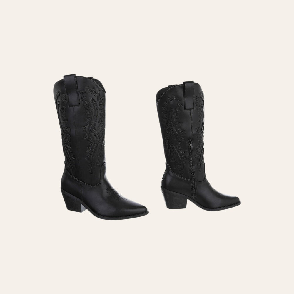 So and Ro - shoes and more - zwarte Christine cowboylaarzen met borduursels, blokhak en ritssluiting.