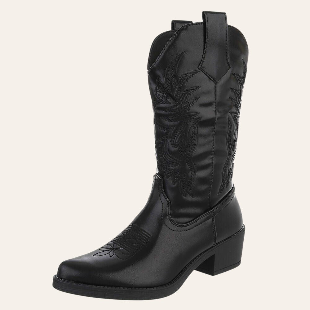 So and Ro - shoes and more - Carla zwarte cowboylaarzen met lederlook, borduurwerk en blokhak voor een westernstijl.