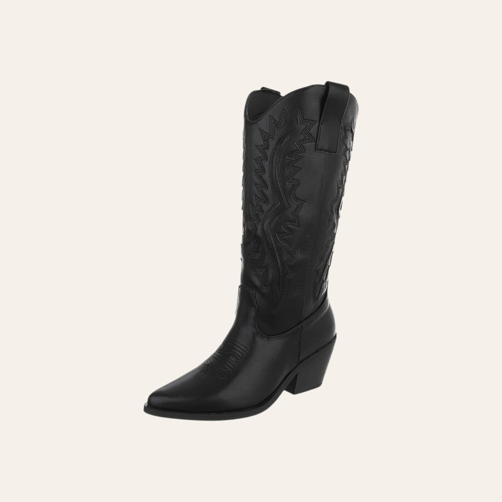 So and Ro - shoes and more - Christine zwarte kniehoge cowboylaarzen van lederlook met western borduursels en blokhak