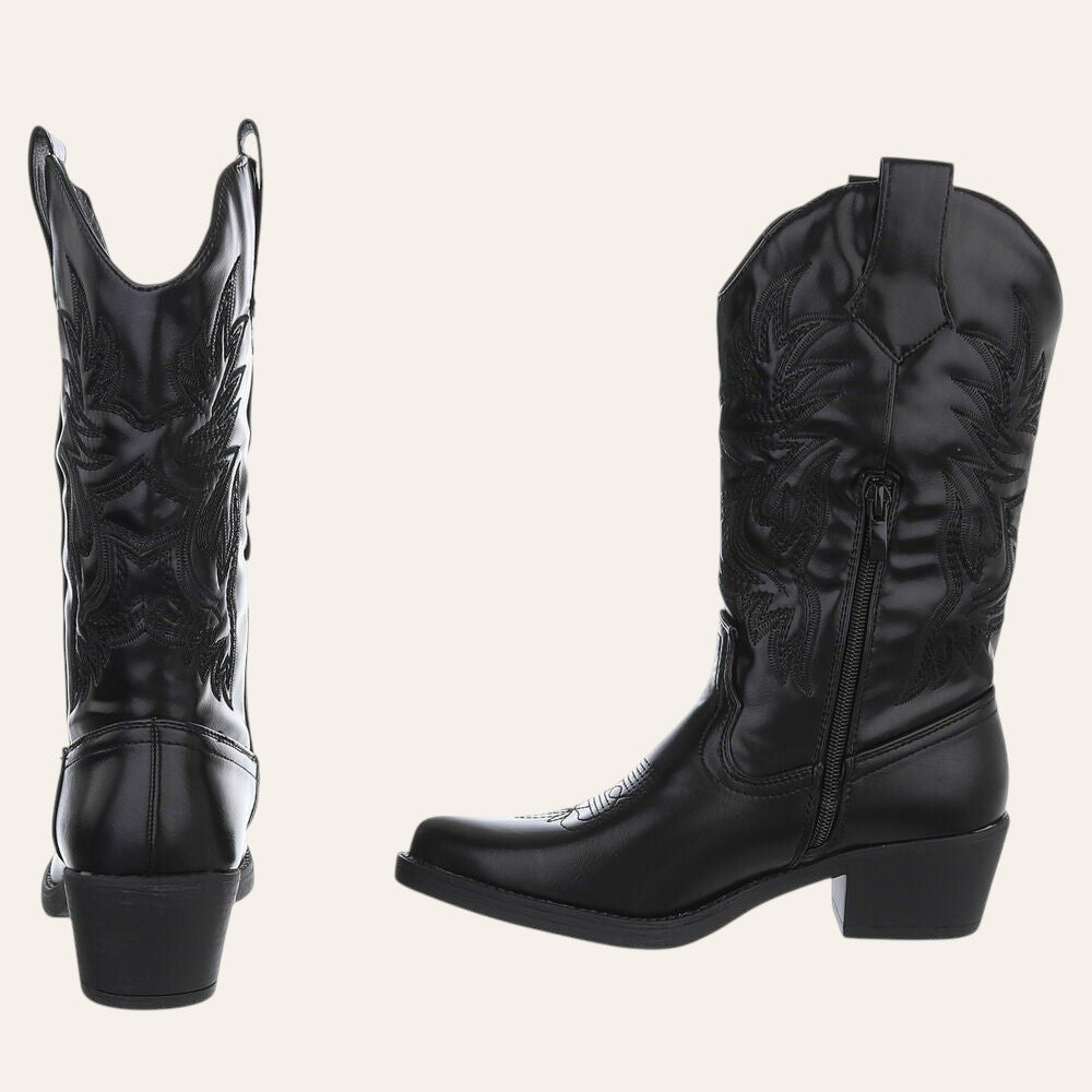 So and Ro - shoes and more - Carla zwarte cowboylaarzen met western borduurwerk, blokhak en ritssluiting