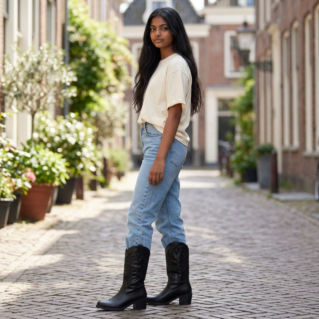 So and Ro - shoes and more - Carla zwarte cowboylaarzen met borduurwerk gedragen door een vrouw in een straat