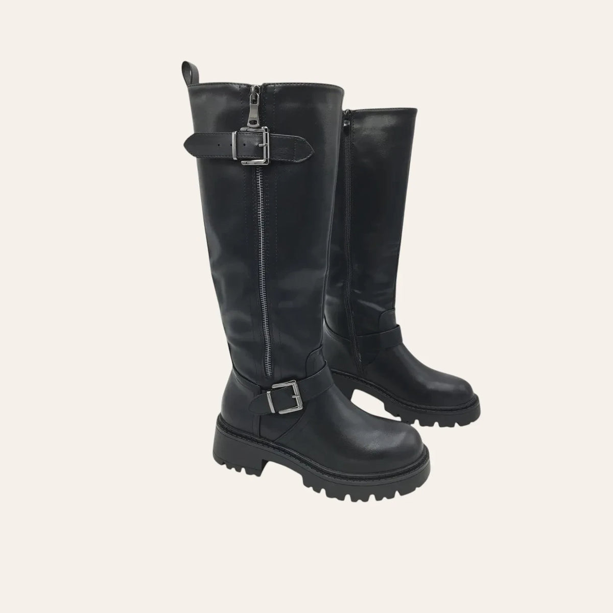 So and Ro - shoes and more - Tirza zwarte hoge bikerlaars in lederlook met metalen gespen en grove profielzool