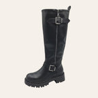 So and Ro - shoes and more - Tirza zwarte hoge bikerlaars in lederlook met metalen gespen en grove profielzool