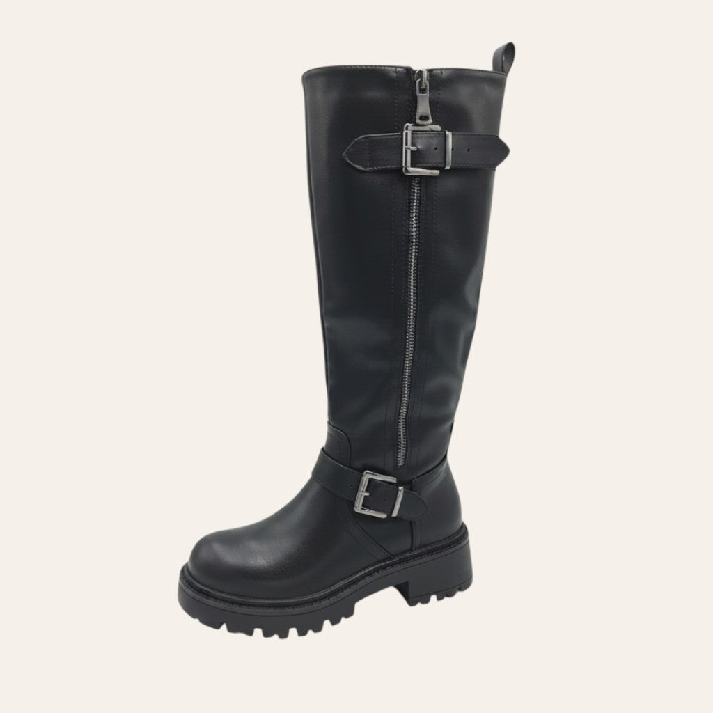 So and Ro - shoes and more - Tirza zwarte hoge bikerlaars in lederlook met metalen gespen en grove profielzool