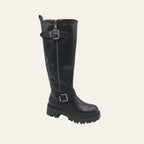 So and Ro - shoes and more - Tirza zwarte hoge bikerlaars in lederlook met metalen gespen en grove profielzool