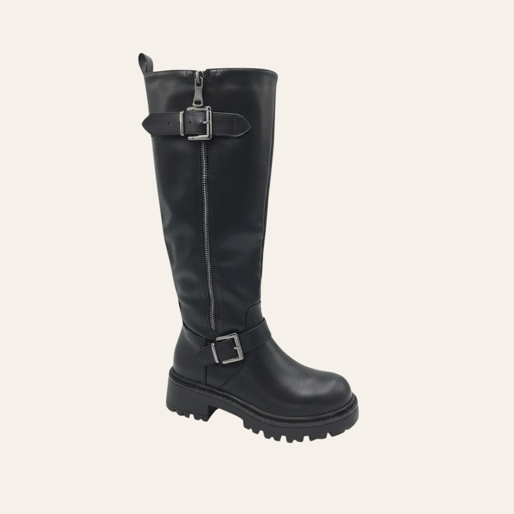 So and Ro - shoes and more - Tirza zwarte hoge bikerlaars in lederlook met metalen gespen en grove profielzool