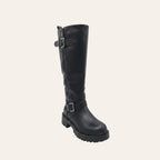 So and Ro - shoes and more - Tirza hoge zwarte bikerlaars in lederlook met metalen gespen en grove profielzool