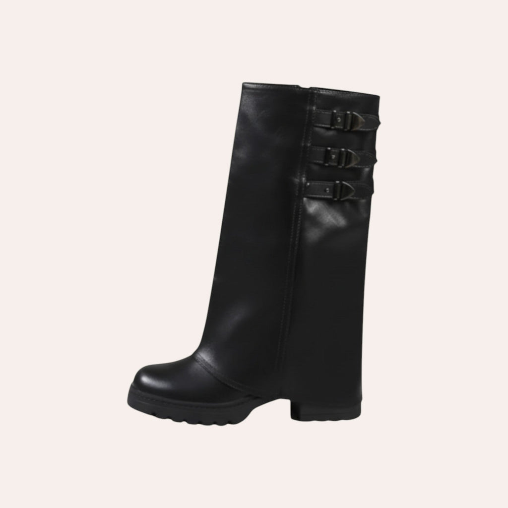 So and Ro - shoes and more - Josephine zwarte hoge bikerlaars van lederlook met gespen en grove profielzool