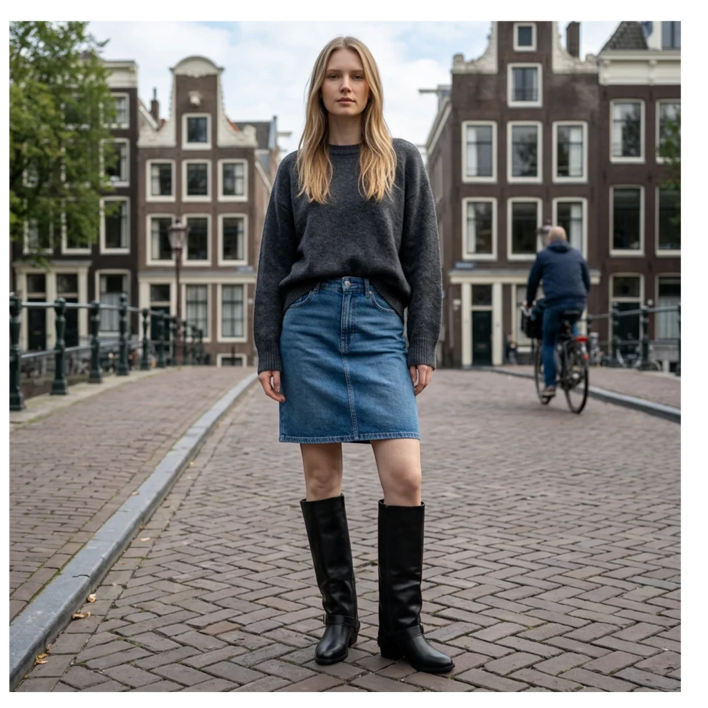 So and Ro - shoes and more - Toos zwarte hoge dameslaars in lederlook met blokhak gedragen op een Amsterdamse gracht