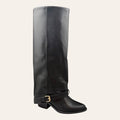 So and Ro - shoes and more - Toos zwarte hoge dameslaars in lederlook met blokhak en gouden gesp detail