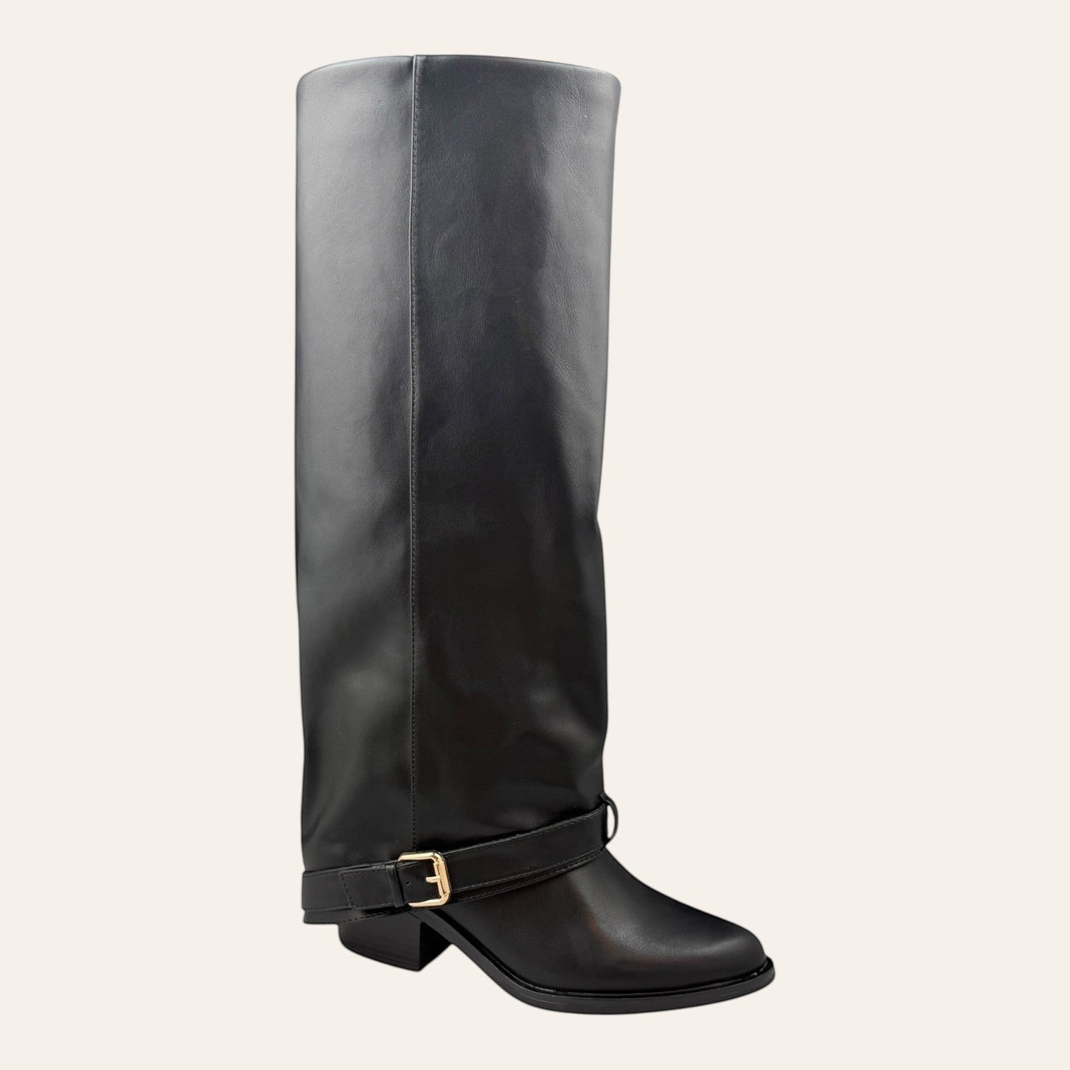 So and Ro - shoes and more Toos zwarte hoge dameslaars in lederlook met blokhak en enkelband met gouden gesp