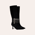 So and Ro - shoes and more - zwarte XTI hoge laarzen met spitse neus, hak en drie decoratieve zilveren gespriemen