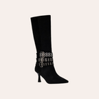 So and Ro - shoes and more - zwarte hoge laarzen met spitse neus, hak en drie zilverkleurige gespriemen