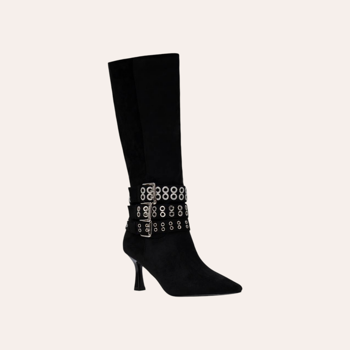 So and Ro - shoes and more - zwarte hoge laarzen met spitse neus, hak en drie zilverkleurige gespriemen