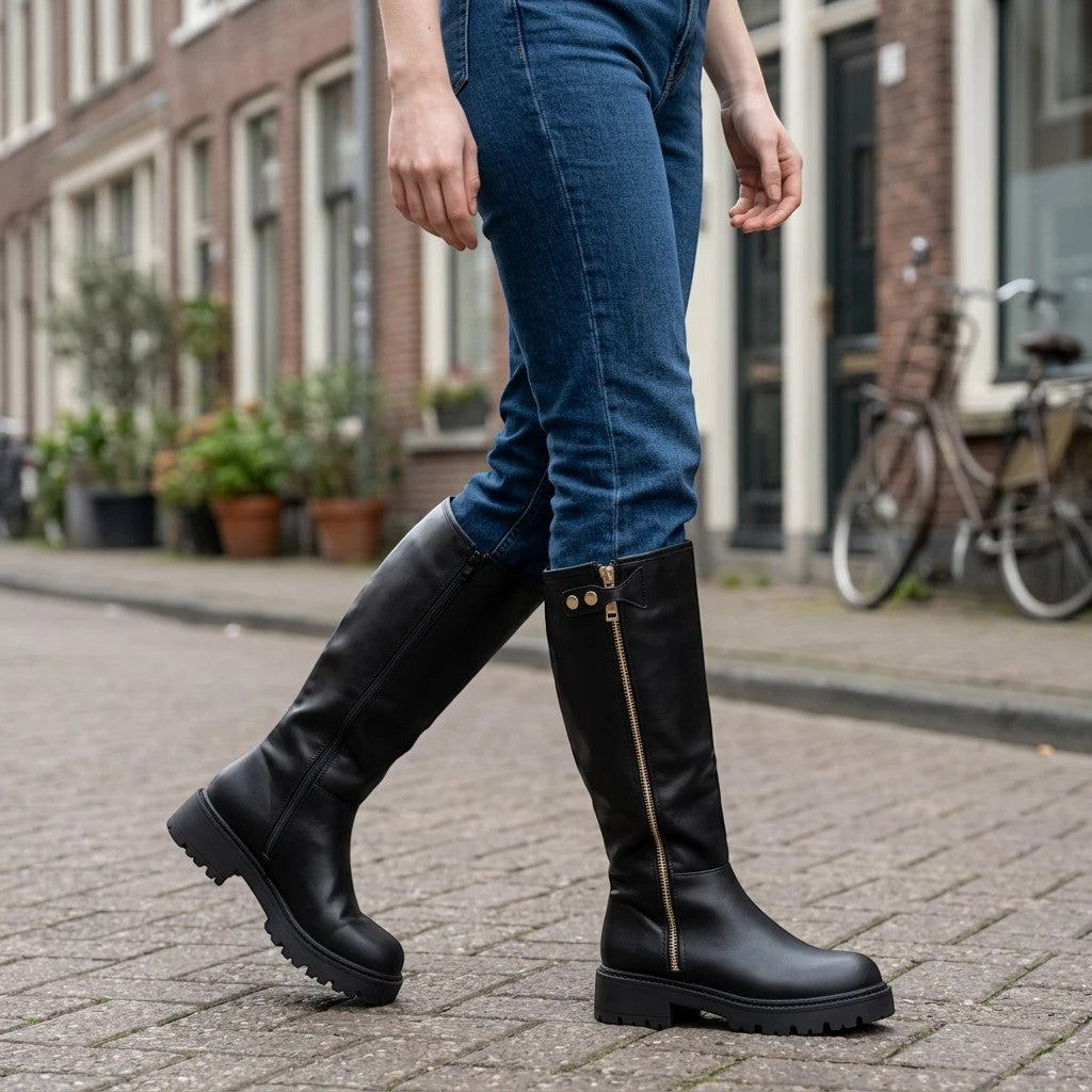 So and Ro - shoes and more - Tina zwarte laars met lederlook en metalen rits gedragen onder een blauwe jeans